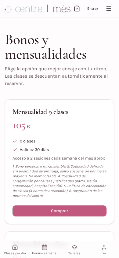 Página de bonos y mensualidades, con precio, clases incluidas, validez y botón Comprar.