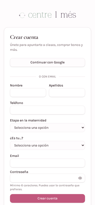 Formulario de registro: Google, nombre, apellidos, teléfono y etapa en la maternidad.